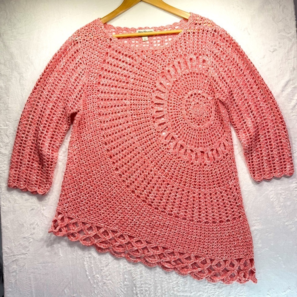 Coral Loose Crochet Knit Sweater with Diagonal Hem Vintage Norm Thompson Large